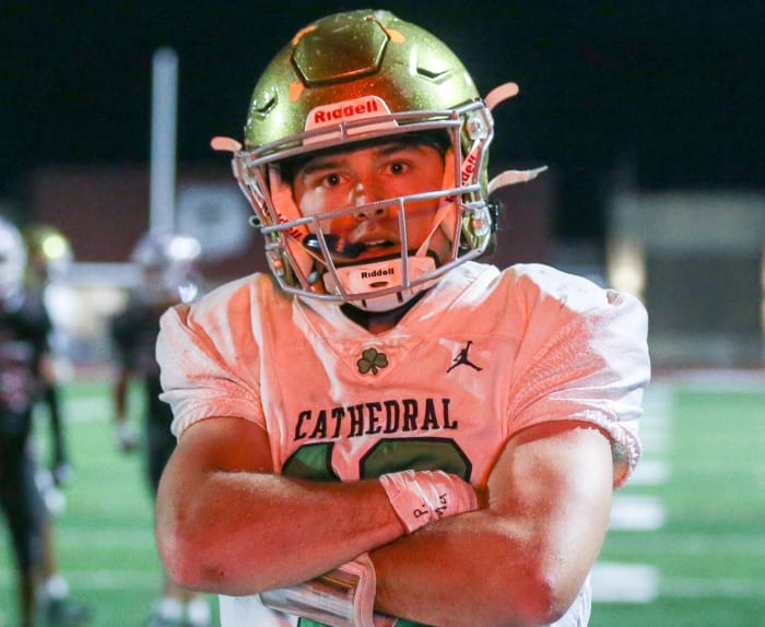 Cathedral Danny O'neil (18) strikes a pose for photographers following his run and score during Cathedral vs Lawrence Central at the IHSAA Football S6 Sectional Championship, Nov 4, 2022; Indianapolis, IN, at Lawrence Central High School.